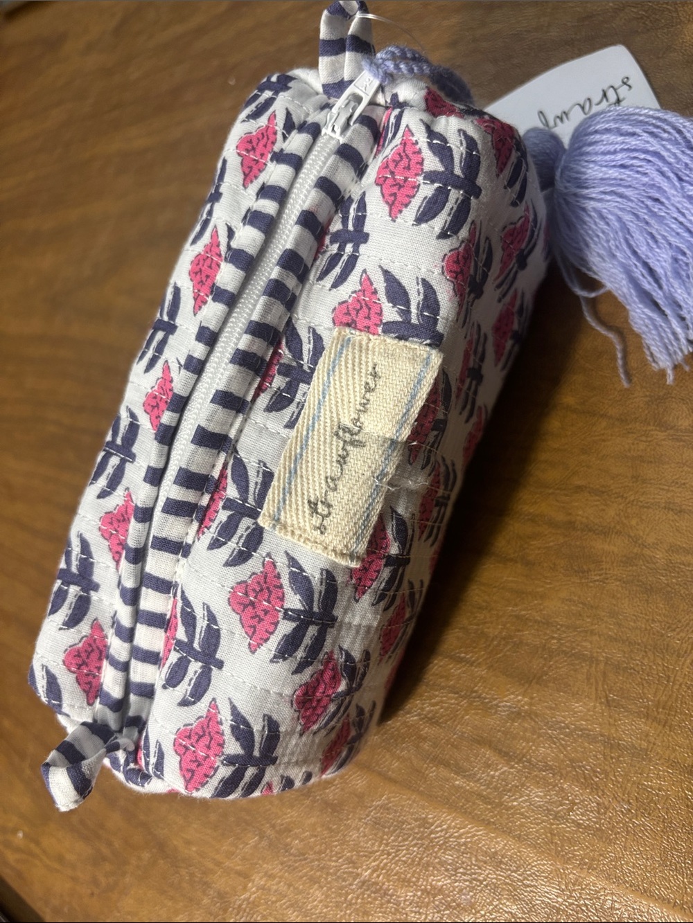 Quilted Floral Zip Pouch in White with Pink & Navy
